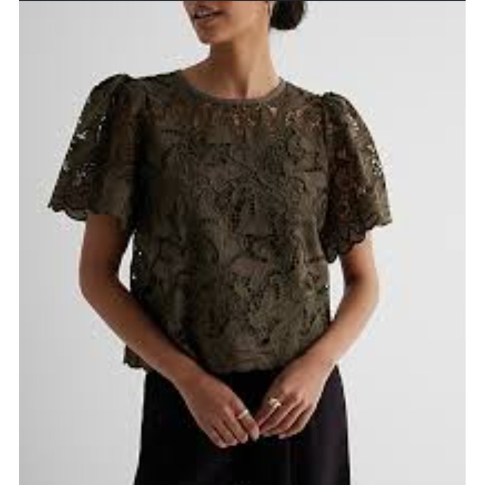 Express Embroidered Crochet Puff Sleeve Top Olive Green Romantic Boho M NWT
